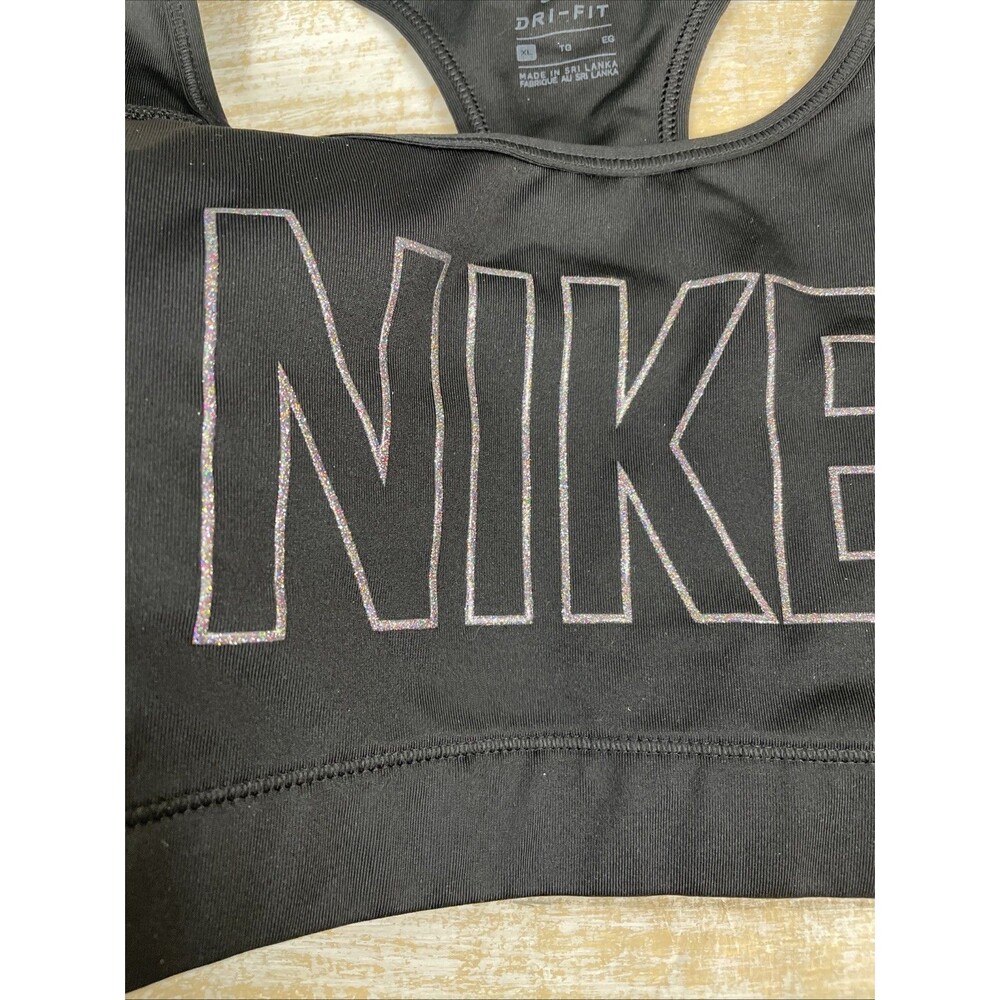 Nike Glitter Spell out Sports Bra Women’s Dri Fit Racerback Black Size XL - Picture 2 of 8